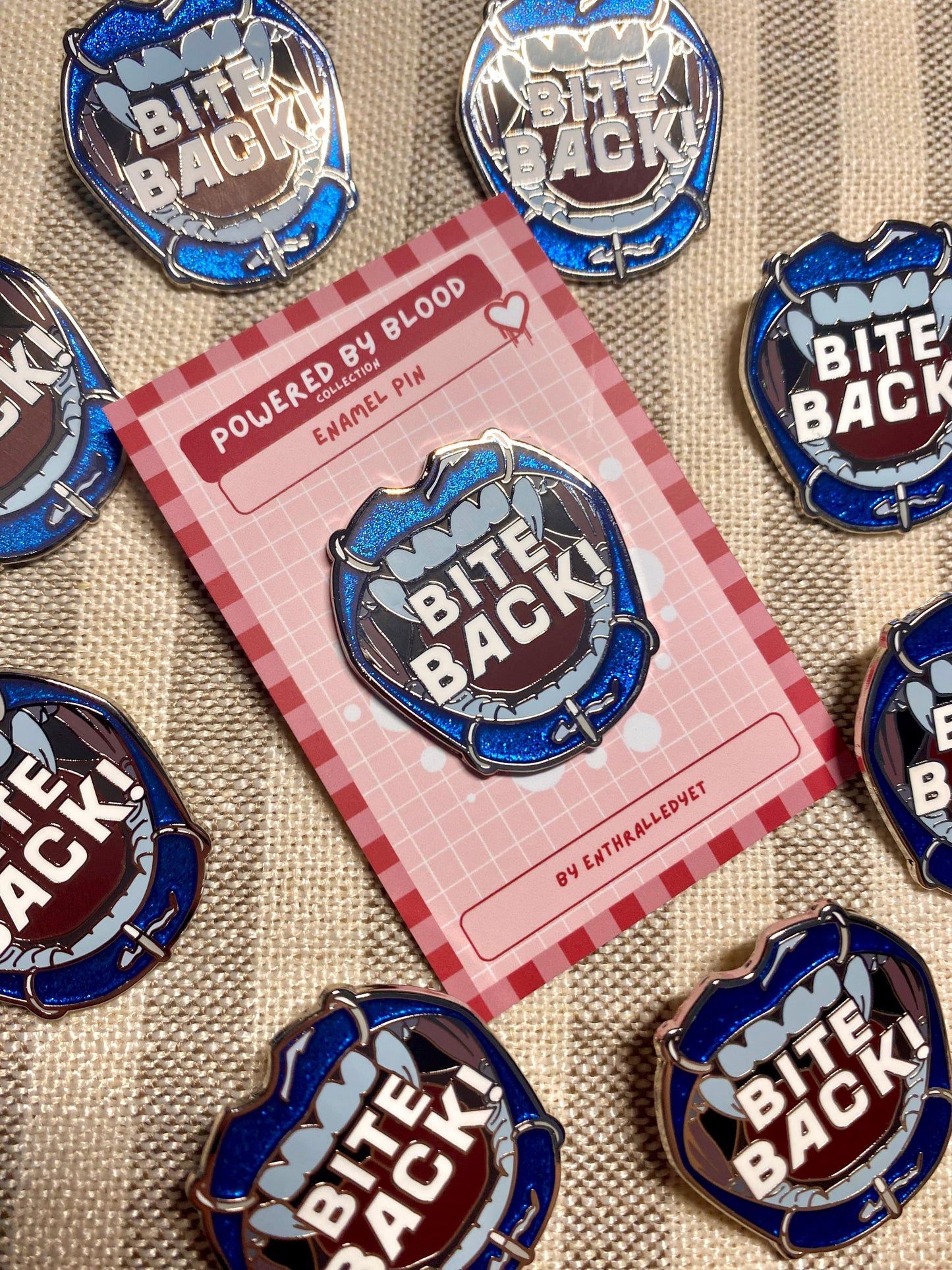 Bite Back! - Glitter Enamel Pin, Gothic Vampire Badge