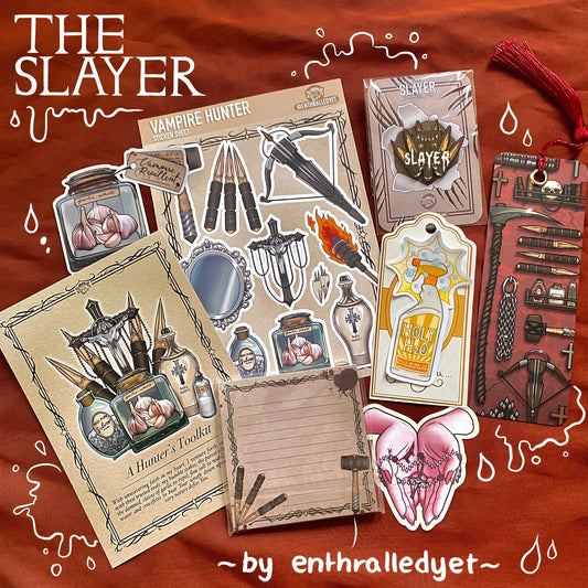 Monster Hunter Stationery Bundle - ‘The Slayer’ - Enamel Pin, A6 Print, Sticker Sheet, Bookmark & Sticky Notes, Individual Stickers!